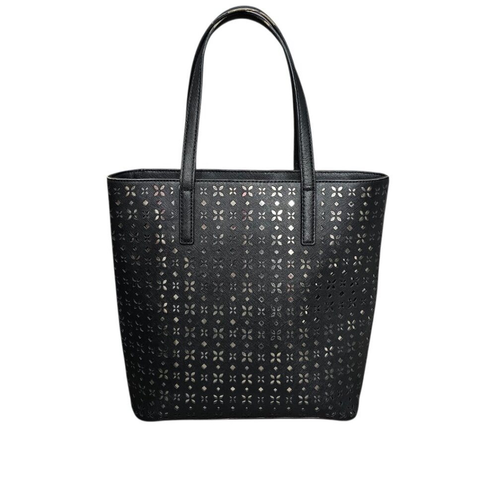Michael Kors Hayley Tote Laser-cut Leather Medium Black And Silver Handbag COA - Picture 8 of 15